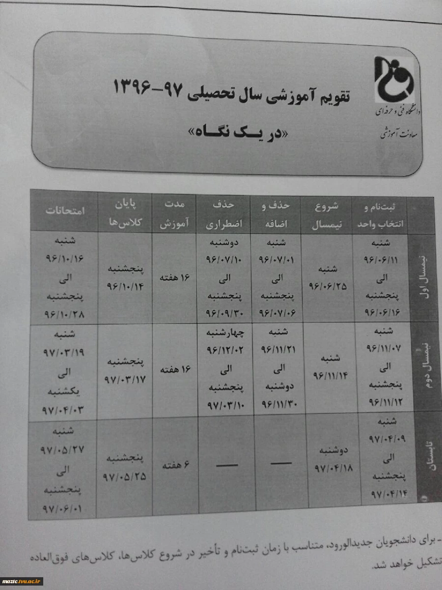 برنامه زمانی و تقویم آموزشی نیمسال اول 97-96 دانشکده 2