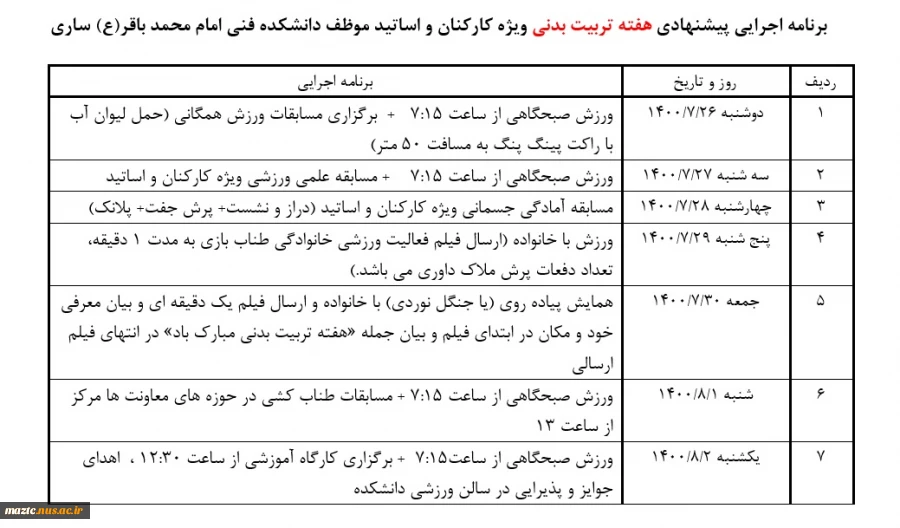 برنامه های احرایی  دانشکده فنی امام محمد باقر(ع) ساری به مناسبت گرامیداشت هفته تربیت بدنی 2